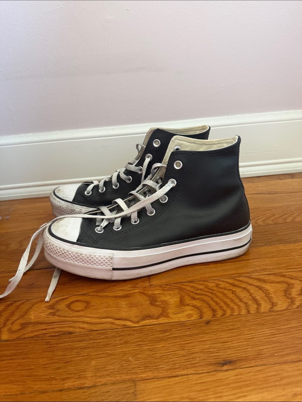 Black Leather Platform High Top Converse